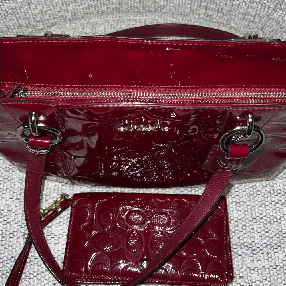 Coach Embossed Burgundy Patent Leather Bag AND Wallet/Wristlet Style F17728 - Picture 2 of 13